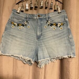 Embroidered Light Blue Denim Shorts